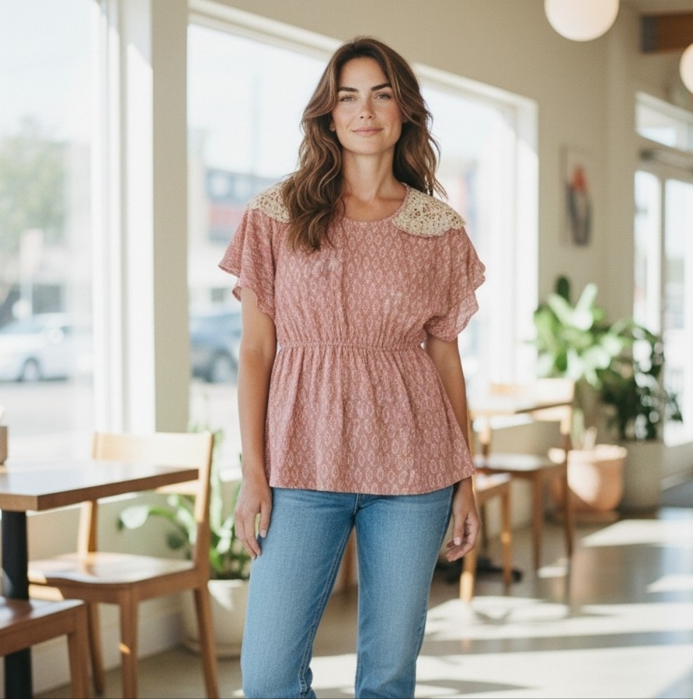 Faded Gkory Pink Lace Relaxed Blouse